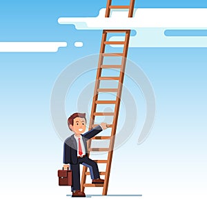 Business man in suit climbing up the career ladder