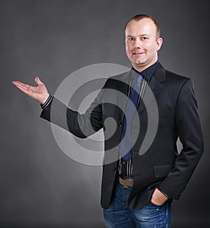 Business man in suit giving presentation