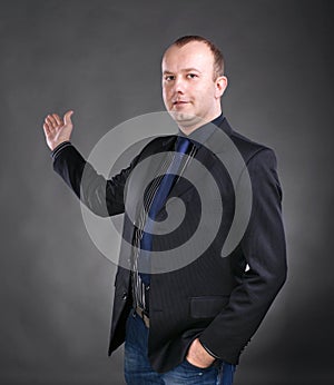 Business man in suit giving presentation