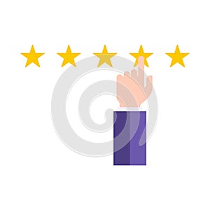 Business man suit hand forefinger pointing on golden stars rating quality symbol vector flat