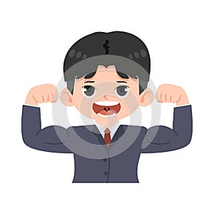 Business man in suit shows muscles cartoon