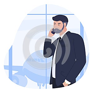 Business man in suit talking on phone at airport terminal vector flat illustration