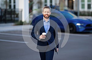 Business man in suit walk outdoor in street. Businessman in city. Business man in suit go to office work. Business