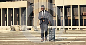 Business man, suitcase and phone for walk, city and reading for networking, thinking and email notification. African