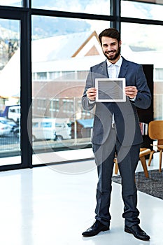 Business man, tablet and screen with graph, data report or presentation for corporate growth and development in office