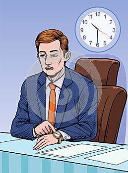 Business man Talk about meetings. Time is important. Illustration vector On pop art comics style.