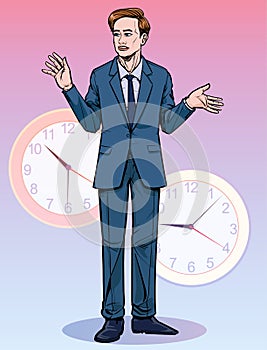 Business man Talk about meetings. Time is important. Illustration vector On pop art comics style.