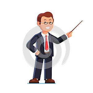 Business man teacher pointing with pointer stick