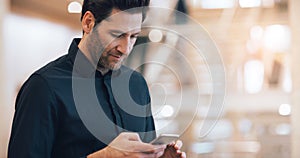 Business man, texting and phone with space in office mockup for networking, chat and email communication. Businessman
