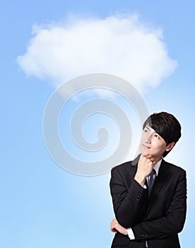 Business man thinking with cloudy sky background