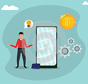Business Man Thinking About Cryptocurrency, BTC future investment concept, Bitcoin analysis vector flat illustration