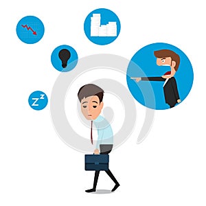 Business man so tired after work hard but graph down.Angry boss