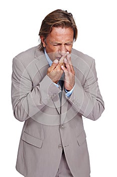 Business man, toothache and pain in studio, isolated white background and medical emergency. Employee, model and dental