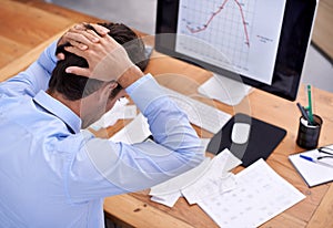 Business man, trader with burnout and tired at work, stress about job and graphs on screen. Stock market crash, headache