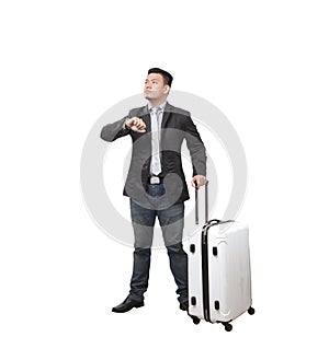 Business man and traveling luggage standing and rise light hand