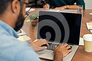 Business man typing on blank screen