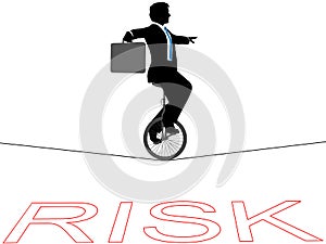 Business man unicycle tightrope financial risk