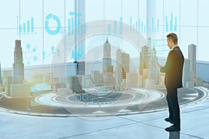 Business man use augmented mixed virtual reality integrate artificial intelligence combine deep, machine learning, digital twin, 5 photo