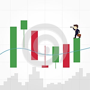 Business man use binocular forecasting graph. Vector illustration