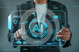 Business man using Artificial Intelligence (AI) in the futuristic business on interface network connection.