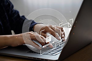 Business man using computer in cybersecurity and cyber network concept Data Security and Encryption Secure access to users`