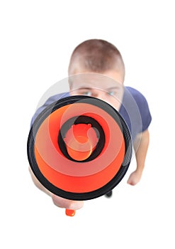 Business man using megaphone on white background