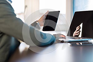 Business Man Using Tablet And Laptop Computer Typing Businessman Sitting Desk In Coworking Center Working