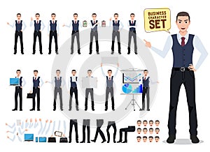 Business man vector character creation set with male office person