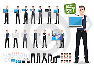 Business man vector character creation set with male office person showing laptop screen
