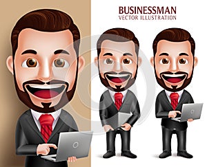 Business Man Vector Character Happy Holding Laptop Notebook