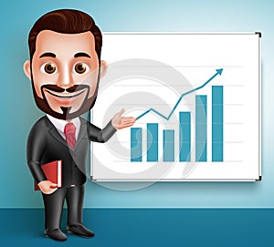 Business Man Vector Character Happy Speaking and Showing Chart Presentation