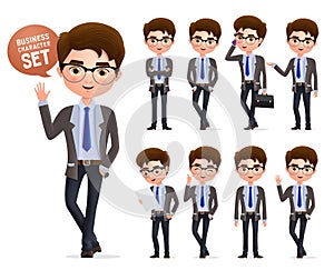 Business man vector character set. Male business characters happy standing, talking and waiving hand.