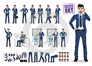 Business man vector character set. Male office worker holding mobile phone and talking