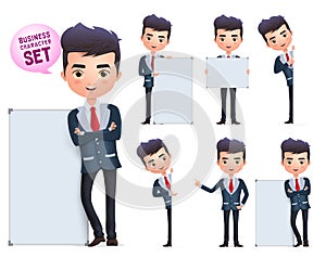 Business man vector characters set. Male business character standing and holding blank whiteboard.