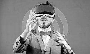 Business man virtual reality. Innovation and technological advances. Business implement modern technology. Businessman