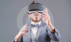 Business man virtual reality. Innovation and technological advances. Business implement modern technology. Businessman