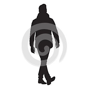 Business man walking forward in winter clothing, isolated vector silhouette