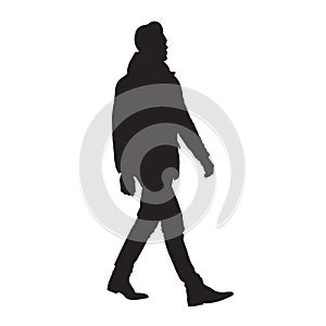 Business man walking forward in winter clothing, isolated vector silhouette