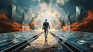 Business man walking on the long path road. Abstract business problem solving. Surreal Generative AI