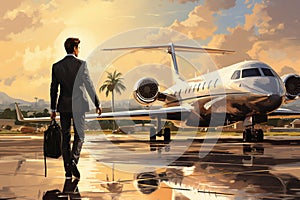 Business man walking near a private jet