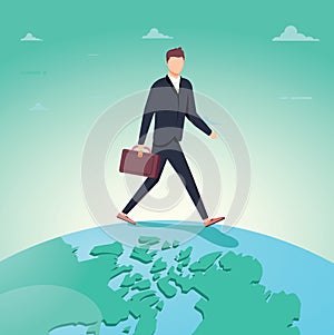 Business man walking over terrestrial globe crossing borders and