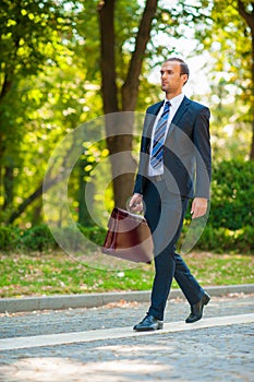 Business man walking in the park