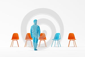 Business man walking to outstanding blue chair among orange chairs on white background