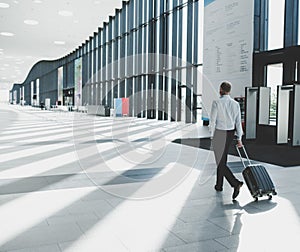 Business man walking with wheeled bag