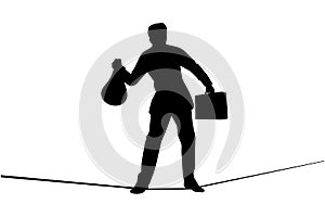 Business man walks on wire tightrope silhouette vector