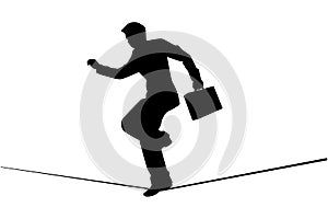 Business man walks on wire tightrope silhouette vector