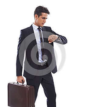 Business man, watch and briefcase in studio with time management, thinking and late by white background. Entrepreneur