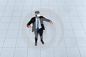 Business Man Wear Digital Glasses, Businessman Hold Hand Virtual Reality Top Angle View