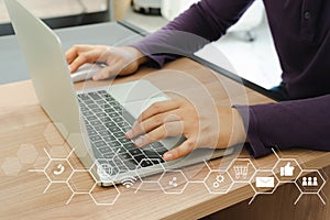Business man wear grey purple using laptop for digital online marketing on office desk. Business - finance technology concept.icon