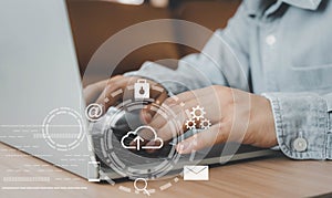 Business man wear grey shirt using laptop  for digital online marketing on office desk. Business & finance technology concept.icon